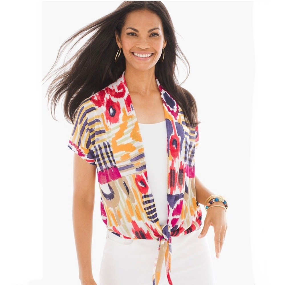 Chicos Colorful Ikat Cardigan Lightweight Abstract Multi-Print Short Sleeve Sz L